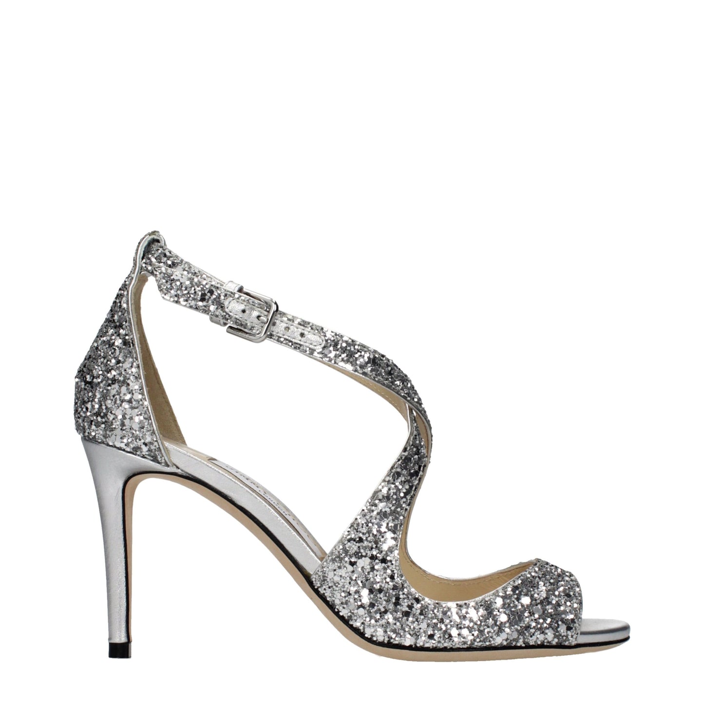 Jimmy Choo Emily 85 Glitter Sandals in Silver