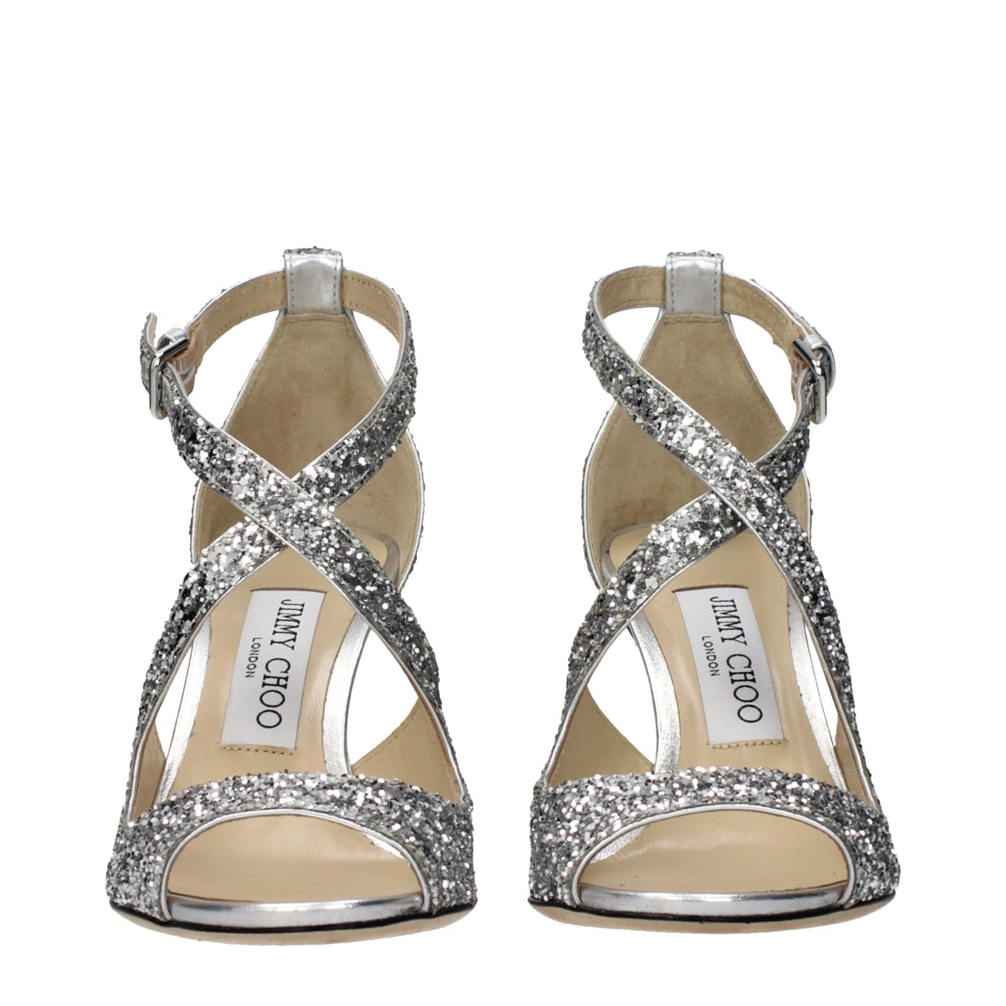 Jimmy Choo Emily 85 Glitter Sandals in Silver