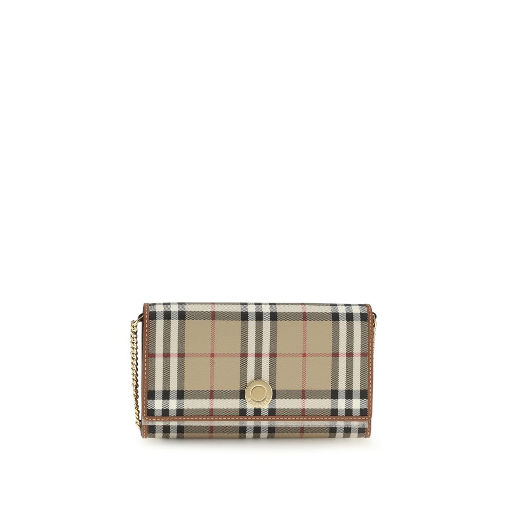 Burberry Vintage Check Chain Wallet On Strap In Archive Beige Coated Canvas