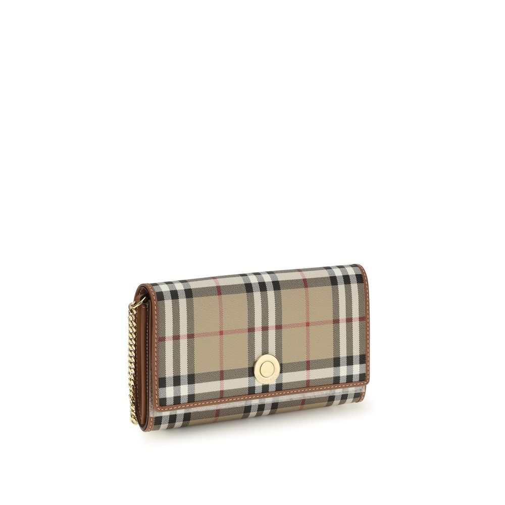 Burberry Vintage Check Chain Wallet On Strap In Archive Beige Coated Canvas