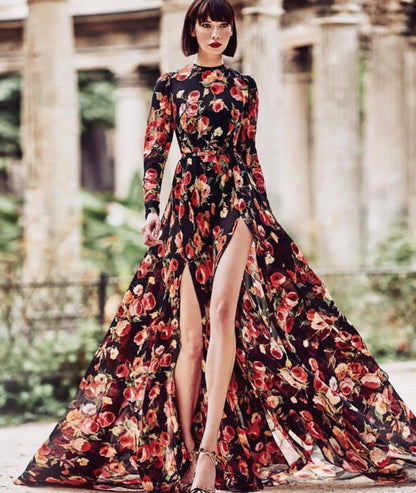 Women Clothing Print Large Swing Dress Slit Fashionable Maxi Dress Beach Dress