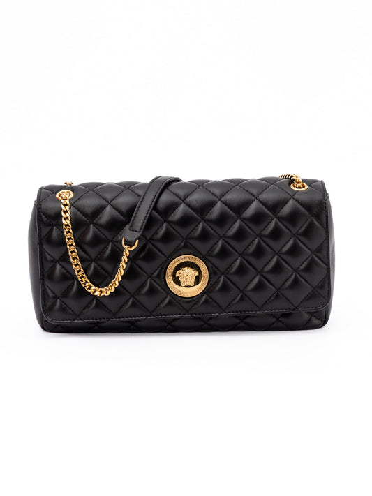 Versace Greca Goddess Quilted Black Lambskin Shoulder Bag