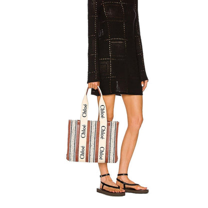 Chloé Woody Medium Brown Linen Tote Bag