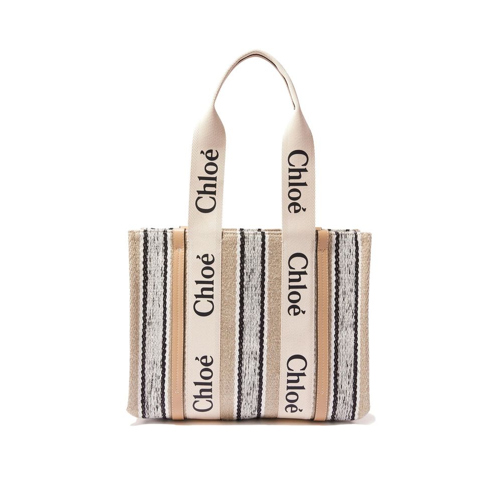 Chloé Medium Woody White & Brown Linen Tote Bag