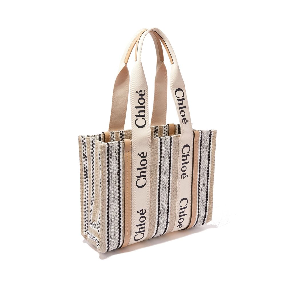 Chloé Medium Woody White & Brown Linen Tote Bag