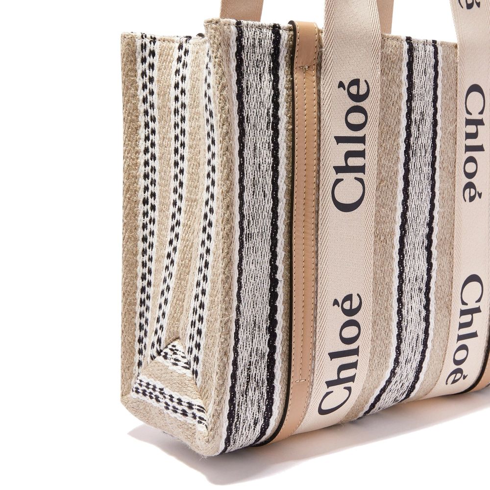 Chloé Medium Woody White & Brown Linen Tote Bag