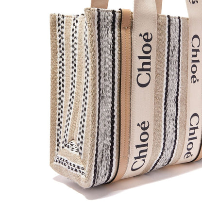 Chloé Medium Woody White & Brown Linen Tote Bag