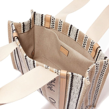Chloé Medium Woody White & Brown Linen Tote Bag