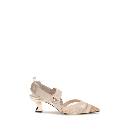 Beige Nylon Mid Heel Pumps