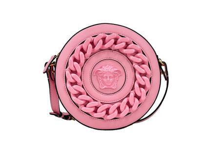 Versace Medusa Round Disco Pink Pebbled Leather Crossbody Bag