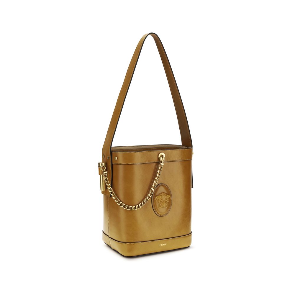 Versace Pivot Brown Leather Bucket Bag