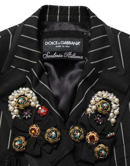 Dolce & Gabbana Black Pinstripe Floral-Appliqué Blazer