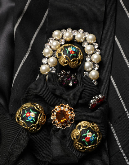 Dolce & Gabbana Black Pinstripe Floral-Appliqué Blazer