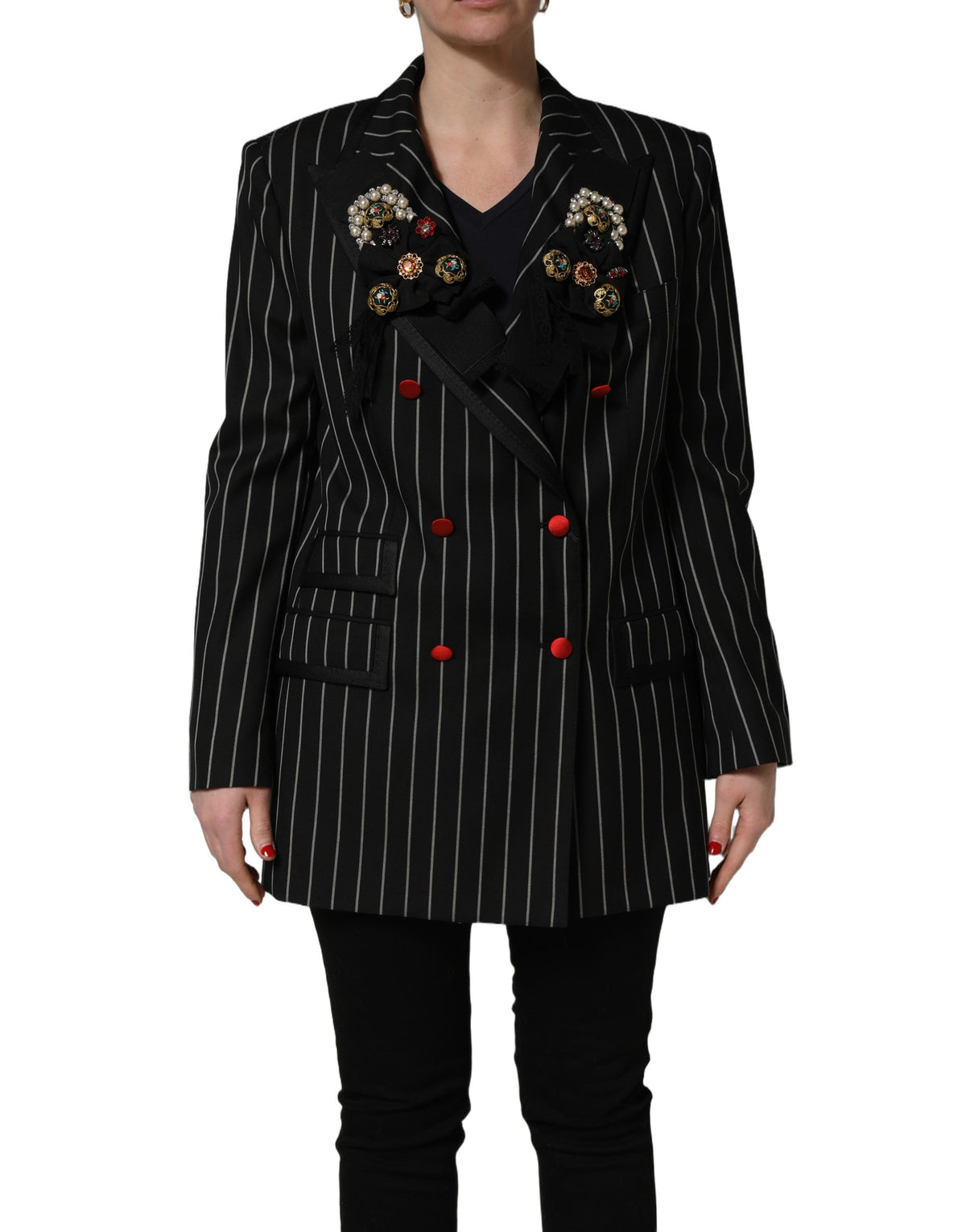 Dolce & Gabbana Black Pinstripe Floral-Appliqué Blazer