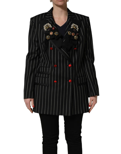 Dolce & Gabbana Black Pinstripe Floral-Appliqué Blazer