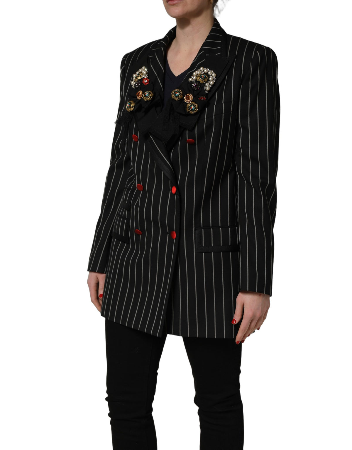 Dolce & Gabbana Black Pinstripe Floral-Appliqué Blazer