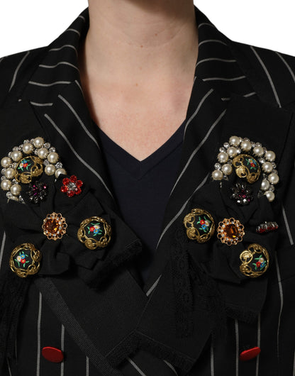 Dolce & Gabbana Black Pinstripe Floral-Appliqué Blazer