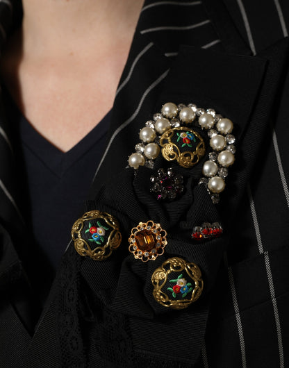 Dolce & Gabbana Black Pinstripe Floral-Appliqué Blazer