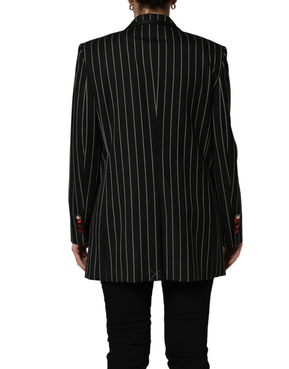 Dolce & Gabbana Black Pinstripe Floral-Appliqué Blazer