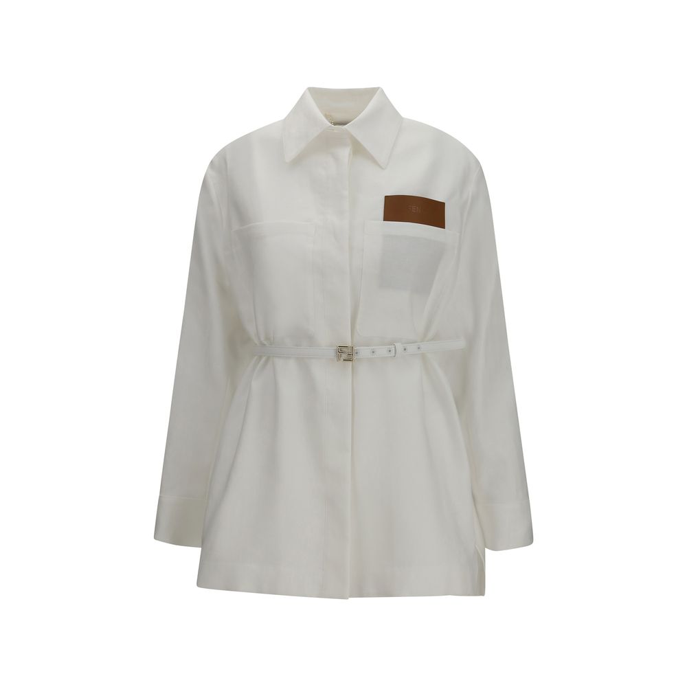 Fendi White Linen-Cotton Belted Jacket