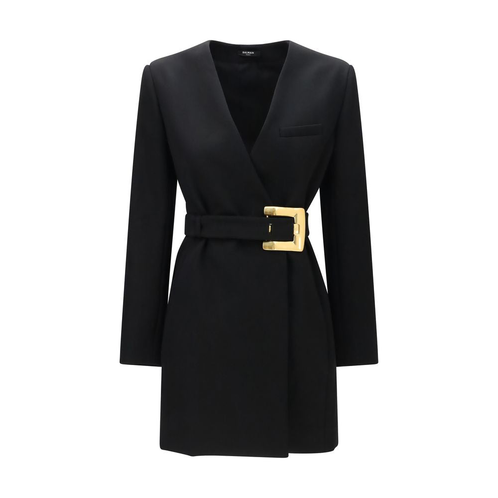 Balmain Black Belted Grain de Poudre Mini Dress