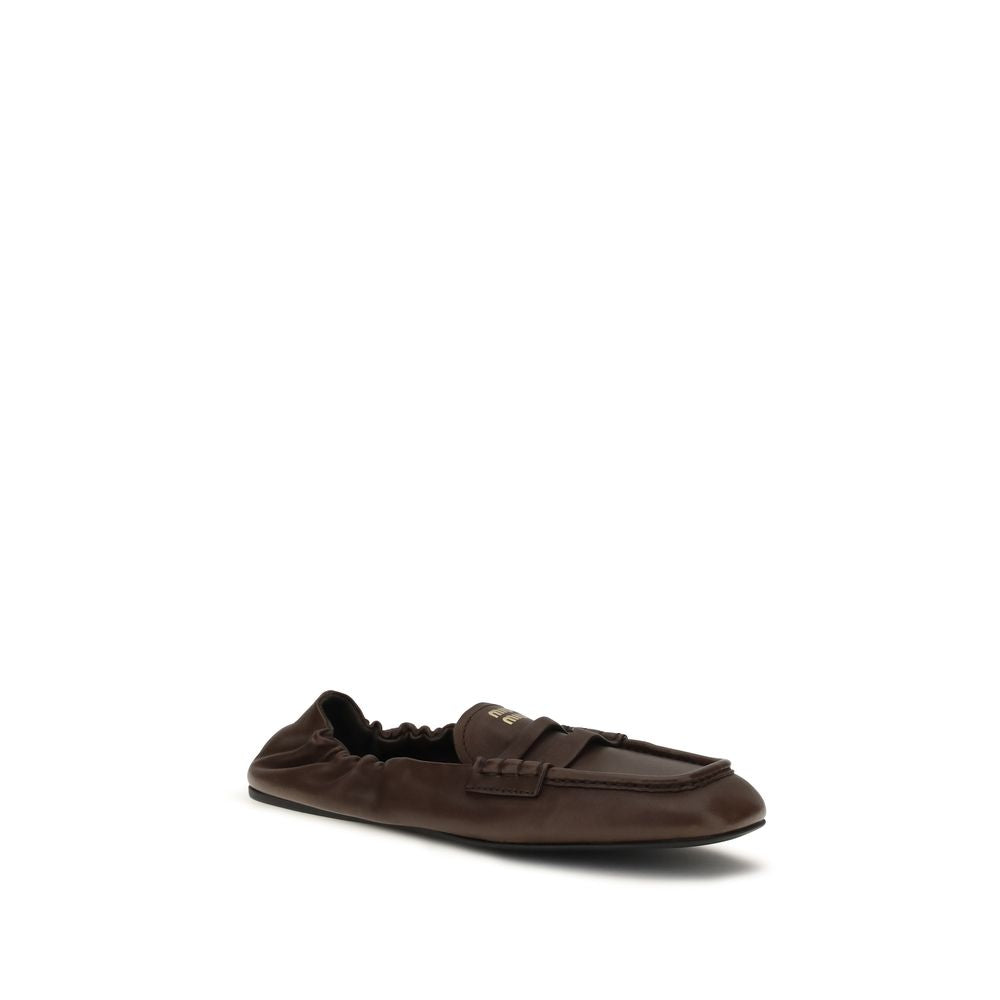 Miu Miu Ruches Penny Loafers in Brown Nappa Leather