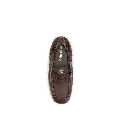 Miu Miu Ruches Penny Loafers in Brown Nappa Leather