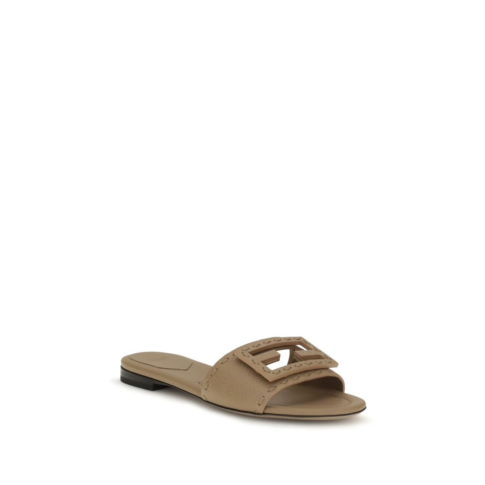 Fendi Baguette Cut-Out Leather Flat Sandals in Beige