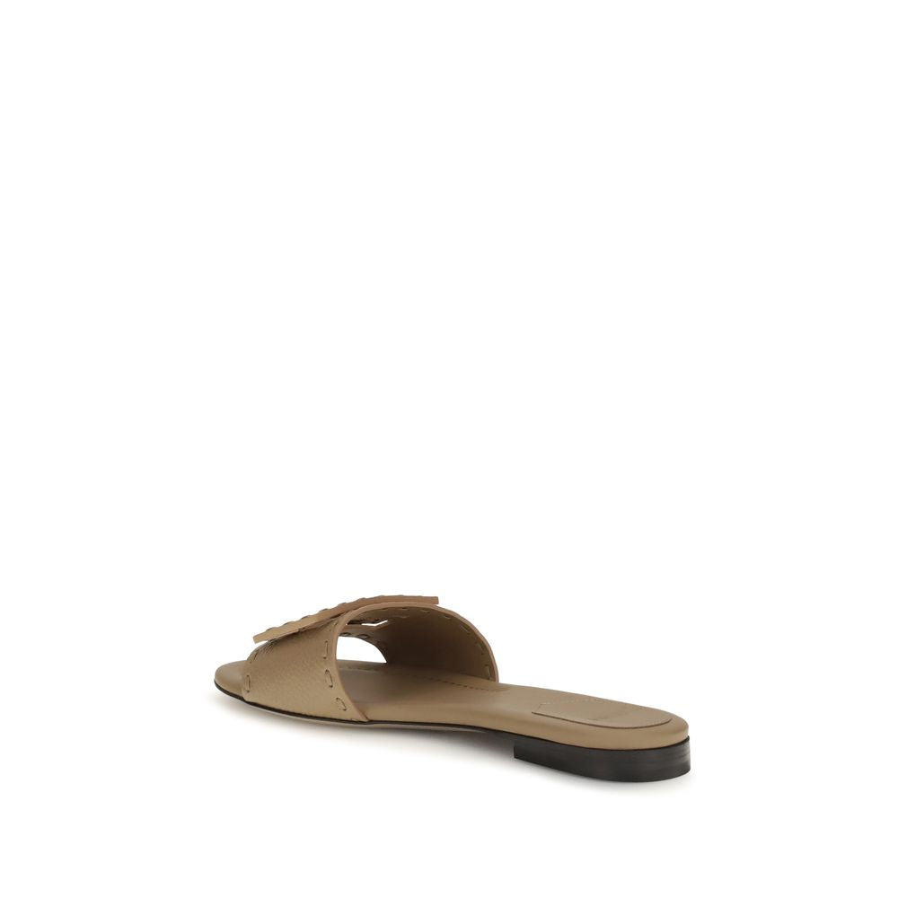Fendi Baguette Cut-Out Leather Flat Sandals in Beige