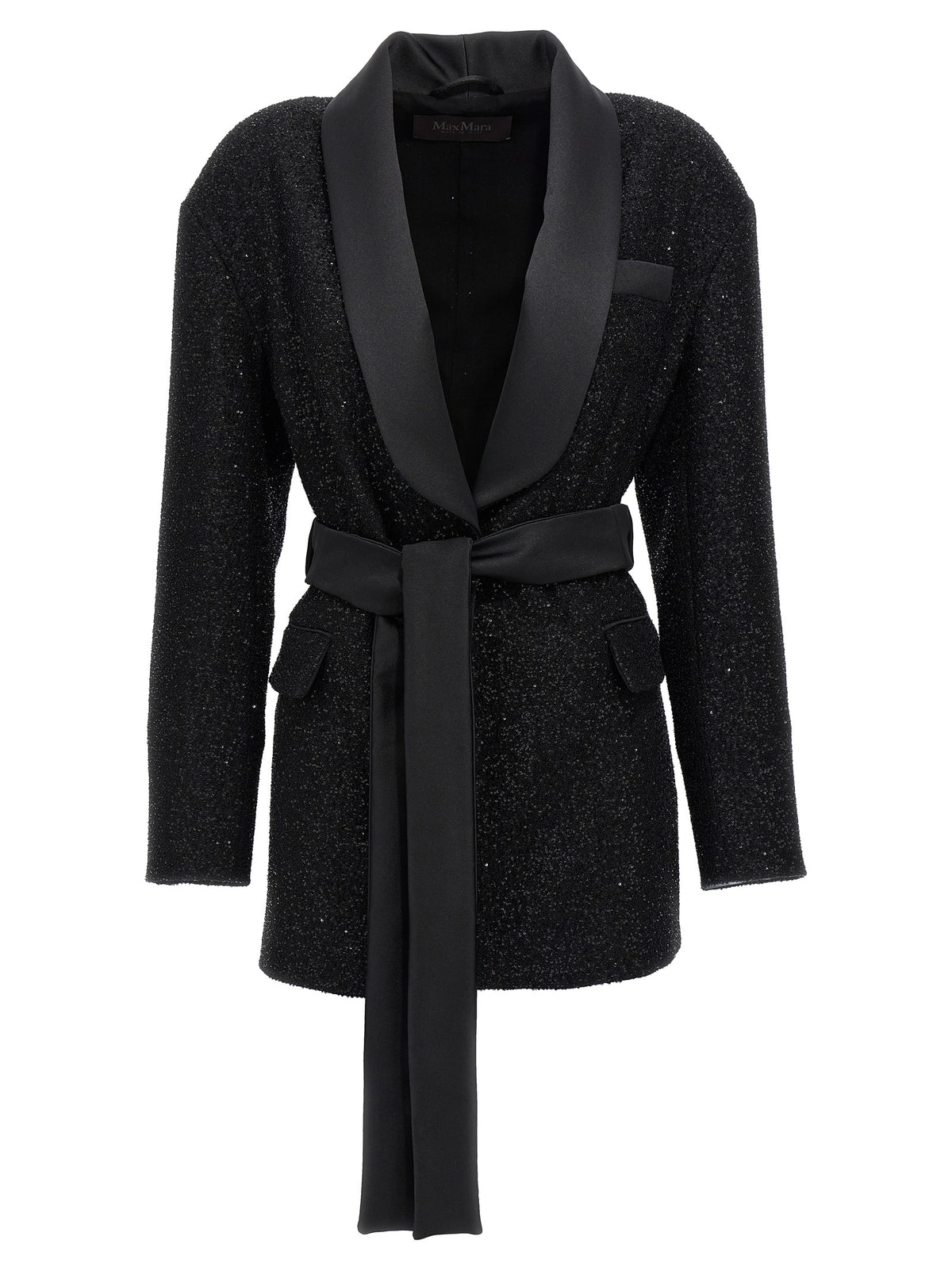 Max Mara Black Pau Microsequin Belted Blazer