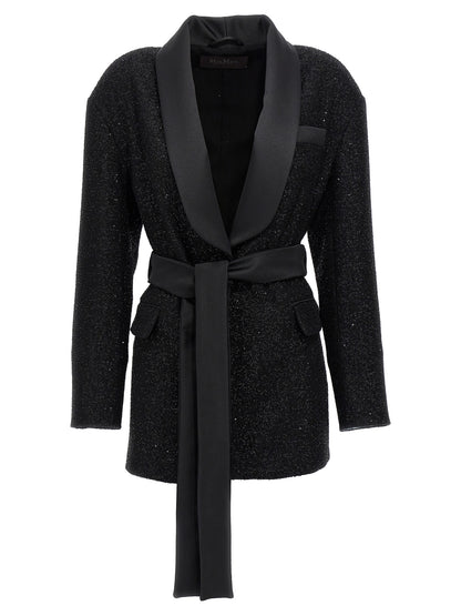 Max Mara Black Pau Microsequin Belted Blazer