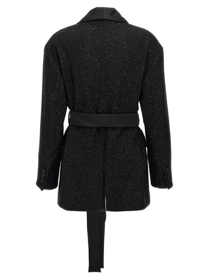 Max Mara Black Pau Microsequin Belted Blazer