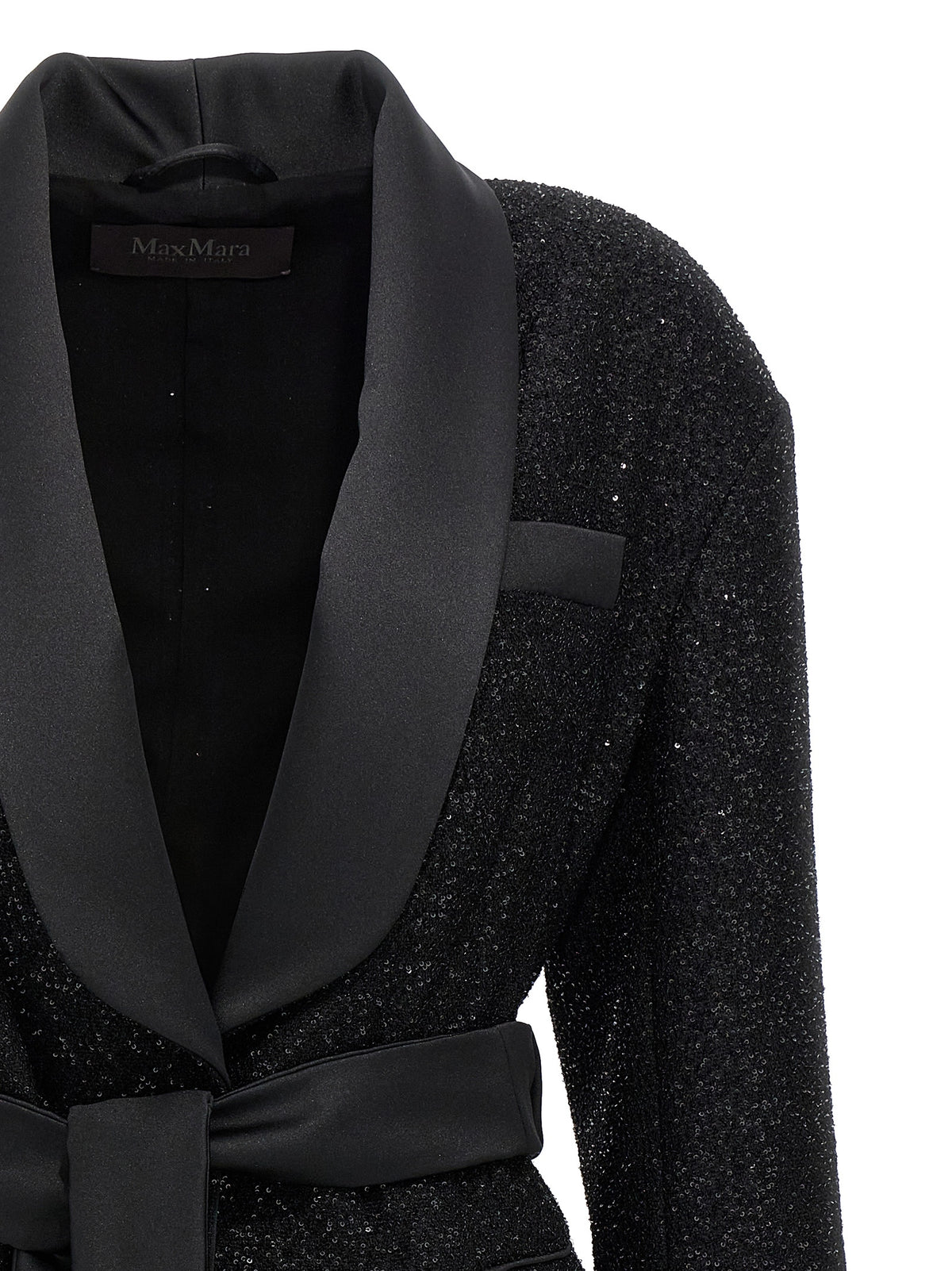 Max Mara Black Pau Microsequin Belted Blazer