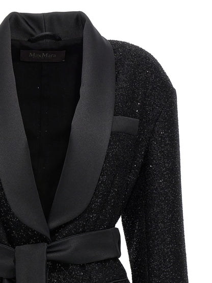 Max Mara Black Pau Microsequin Belted Blazer
