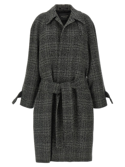Balenciaga One Layer Black Wool Check Coat