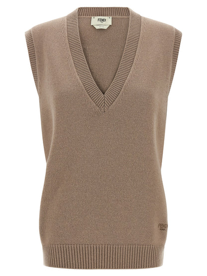 Fendi Beige Cashmere Vest with Roma Logo
