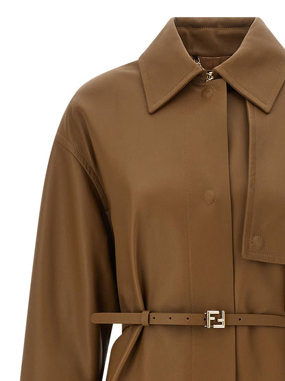 Fendi Brown Nappa Leather Midi Trench Coat