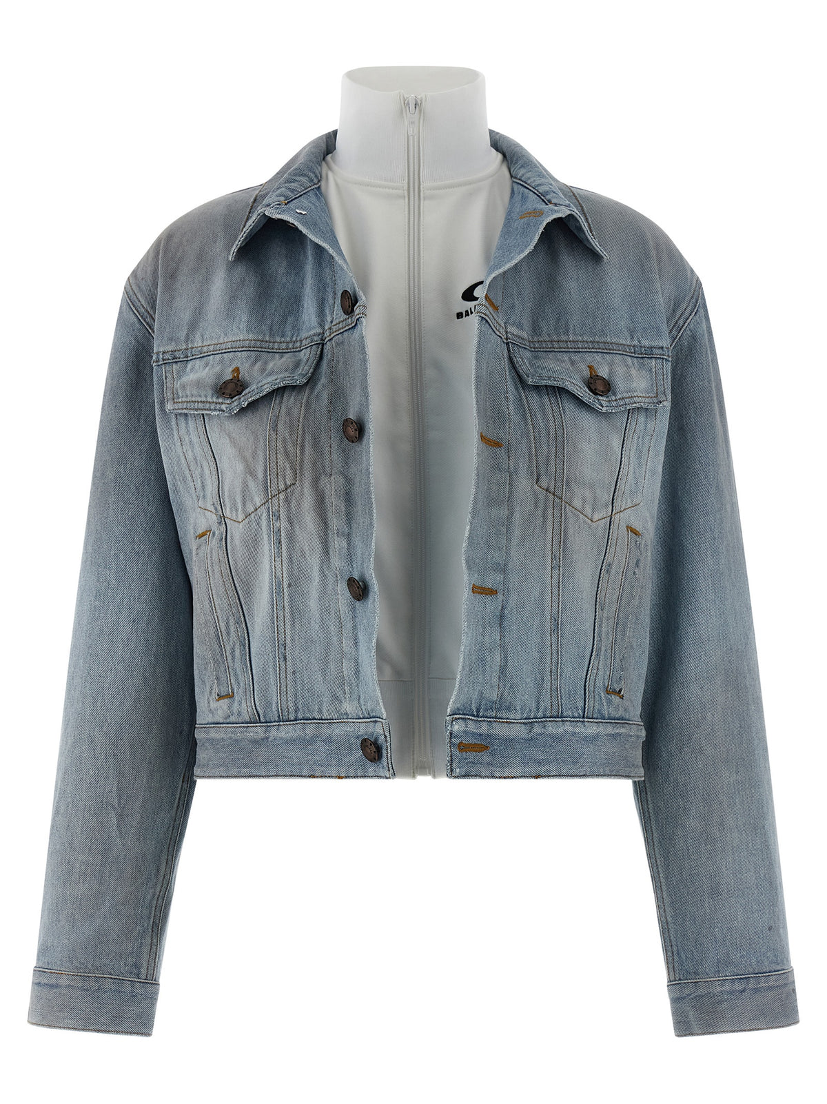 Balenciaga Layered Cropped Light Blue Cotton Denim Jacket