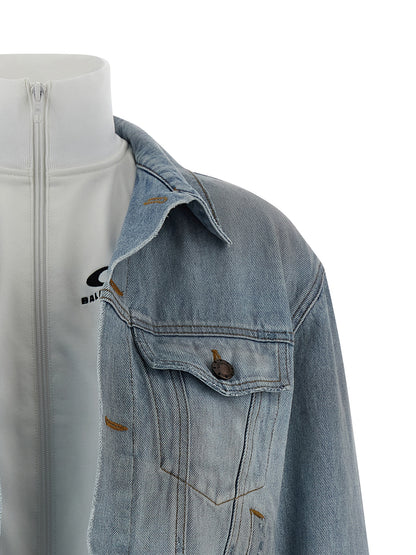 Balenciaga Layered Cropped Light Blue Cotton Denim Jacket