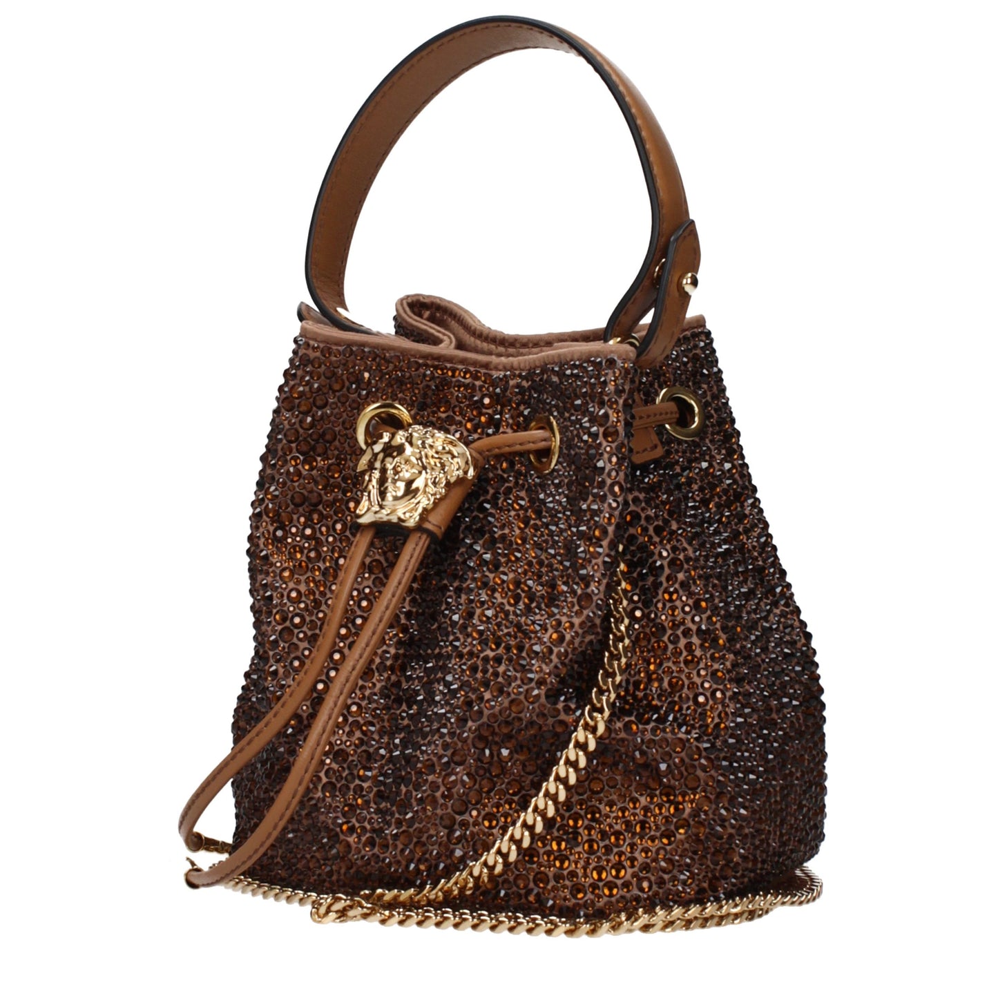 Versace La Medusa Embellished Satin Mini Bucket Bag Brown