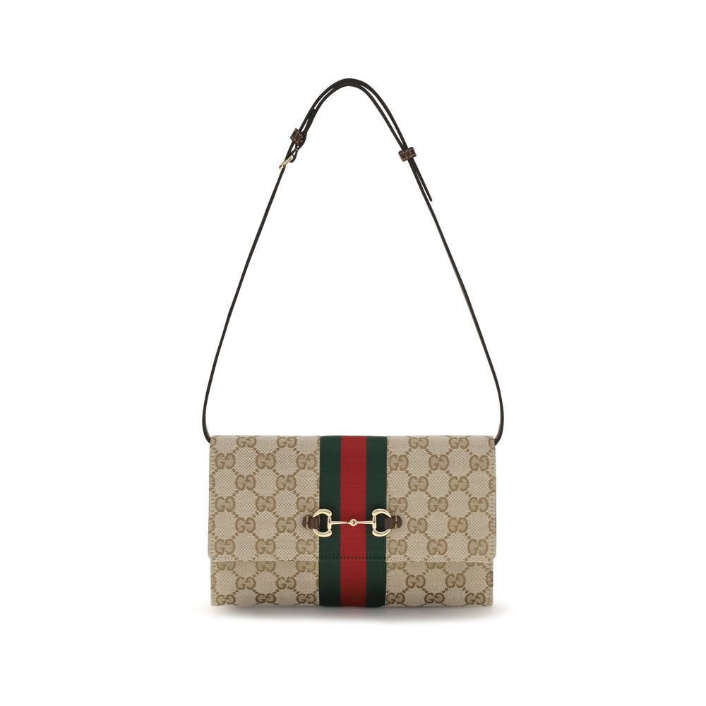 Gucci Horsebit Web GG Supreme & Brown Leather Wallet On Chain