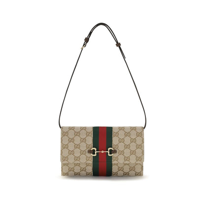 Gucci Horsebit Web GG Supreme & Brown Leather Wallet On Chain