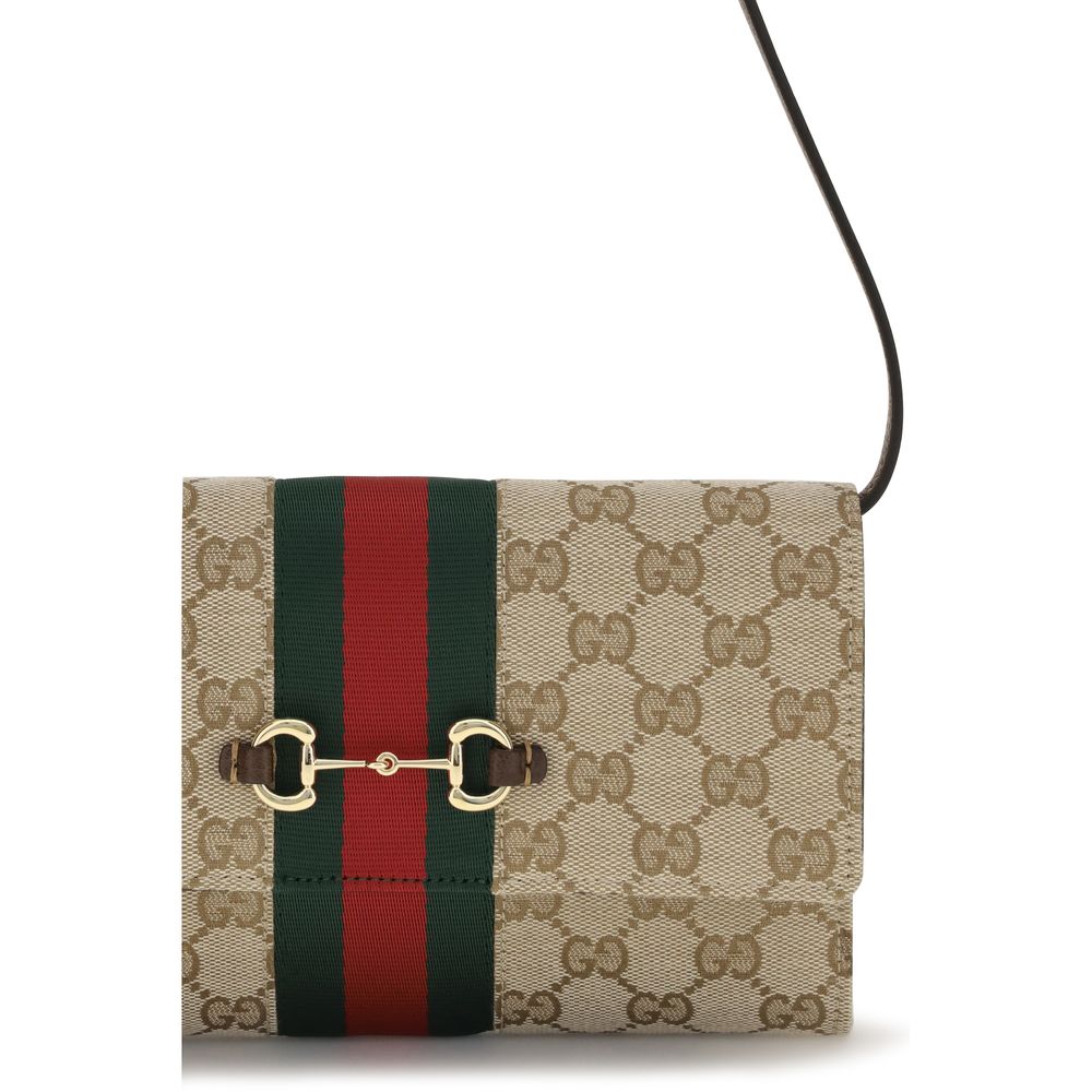Gucci Horsebit Web GG Supreme & Brown Leather Wallet On Chain