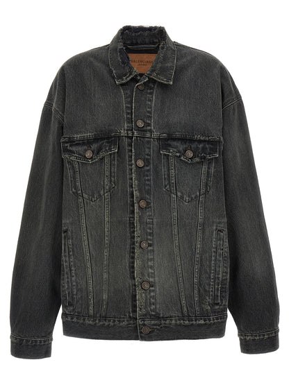 Balenciaga Distressed Back Logo Gray Cotton Denim Jacket