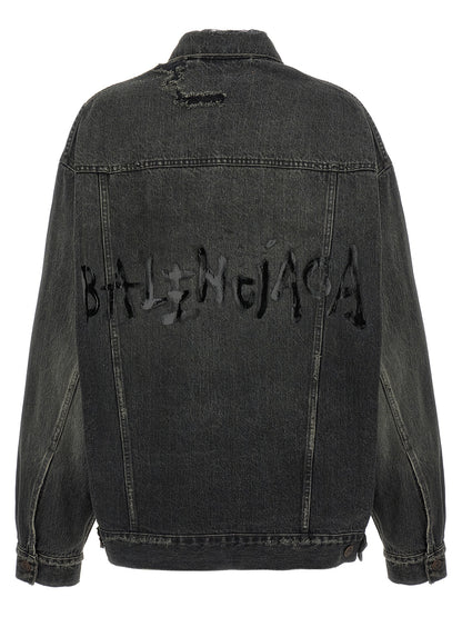 Balenciaga Distressed Back Logo Gray Cotton Denim Jacket