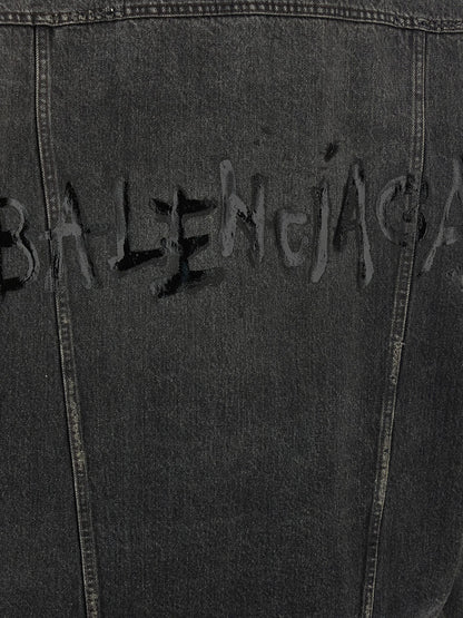 Balenciaga Distressed Back Logo Gray Cotton Denim Jacket