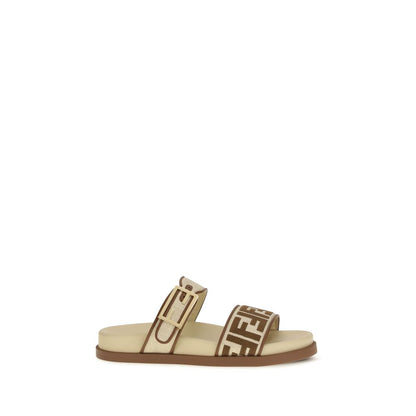 Fendi Feel Brown Raffia And Leather Slide Sandals