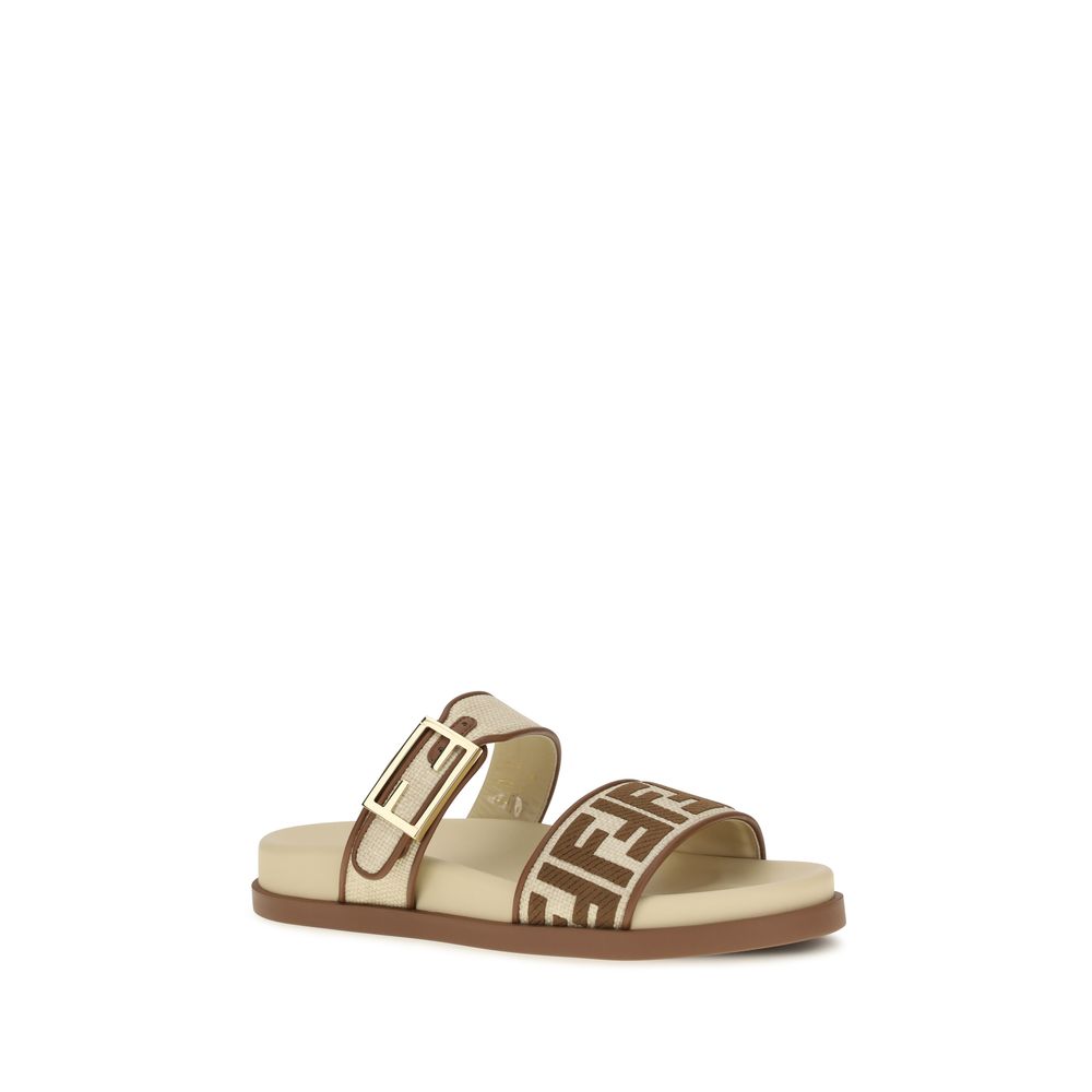 Fendi Feel Brown Raffia And Leather Slide Sandals