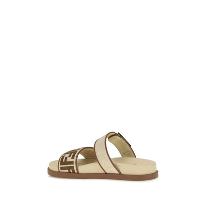 Fendi Feel Brown Raffia And Leather Slide Sandals