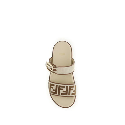 Fendi Feel Brown Raffia And Leather Slide Sandals